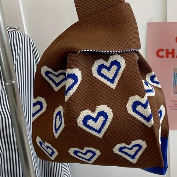 Heavy Woven Knit Heart Pattern Tote Purse Bag Japanese Knot Closure Style - Picture 3 of 6